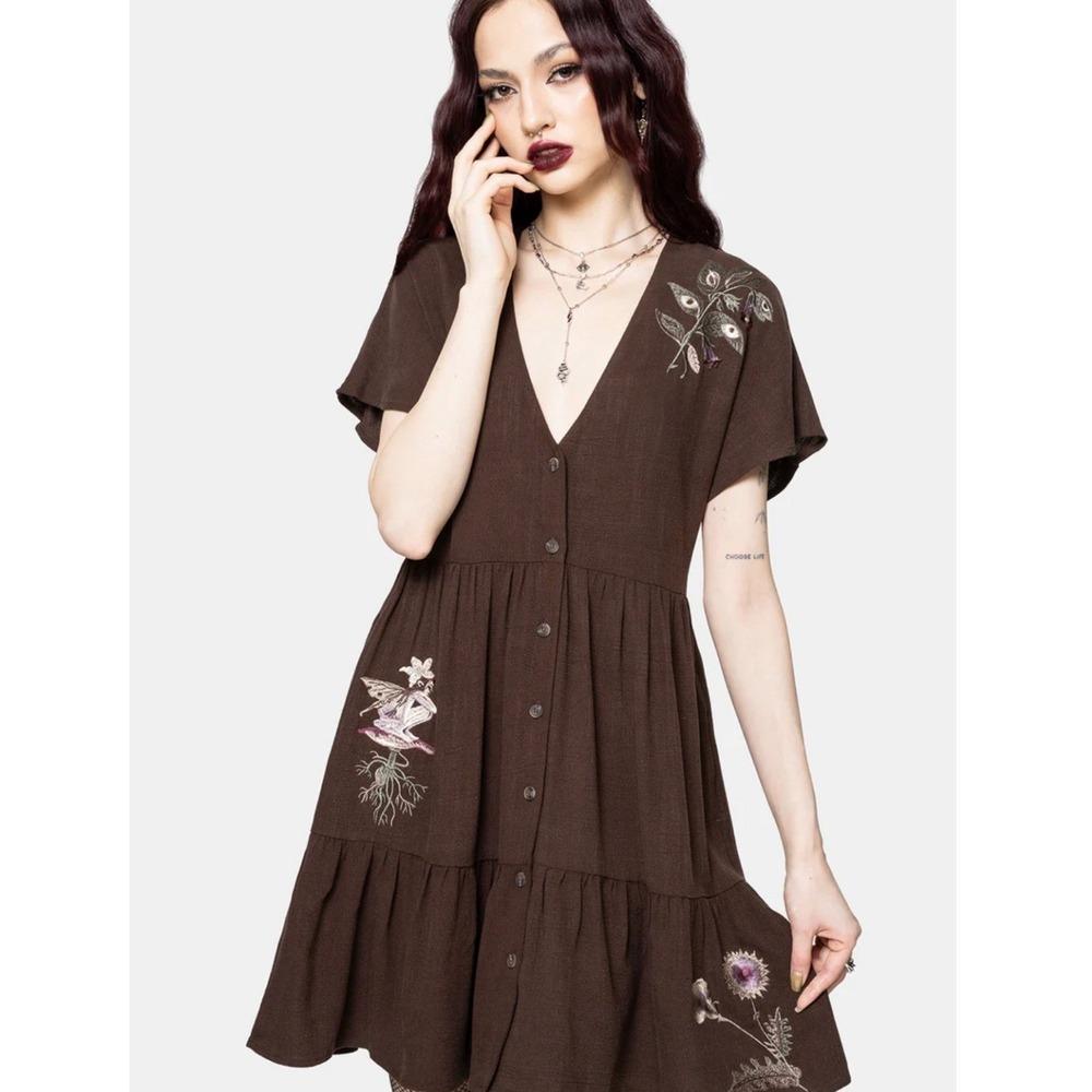 NWT Disturbia Faela Fairy Embroidered Button Up V Neck Peplum Mini Dress Goth 8